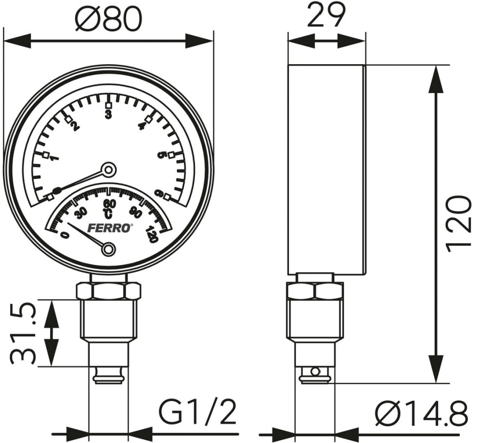 FERRO Termomanometer 80mm 0-6 bar, 120°C, axiálny, TM80R, rozmery, TERMOobchod